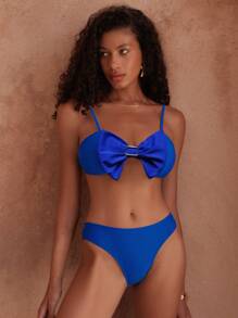 SHEIN Swim Set 2 pezzi moda primavera/estate per spiaggia e resort, colore unito con fiocco decorativo su parte anteriore e vita, elegante e sofisticato