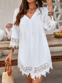 INAWLY Vestido de manga comprida com decote em V e patchwork de renda, cor sólida, moda para o verão - Branco - Ver 6