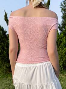 CovetEZ Women's Floral Pink Lace Ruffle Off Shoulder Slim Fit Fashionable T-Shirt,Suitable For Vacation,Spring / Summer Clothes - Pink - View 2
