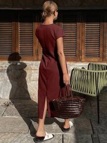 Livesso Women Solid Color Loose Round Neck Short Sleeve Drawstring Casual Elegant Floor Length Summer Dress Linen