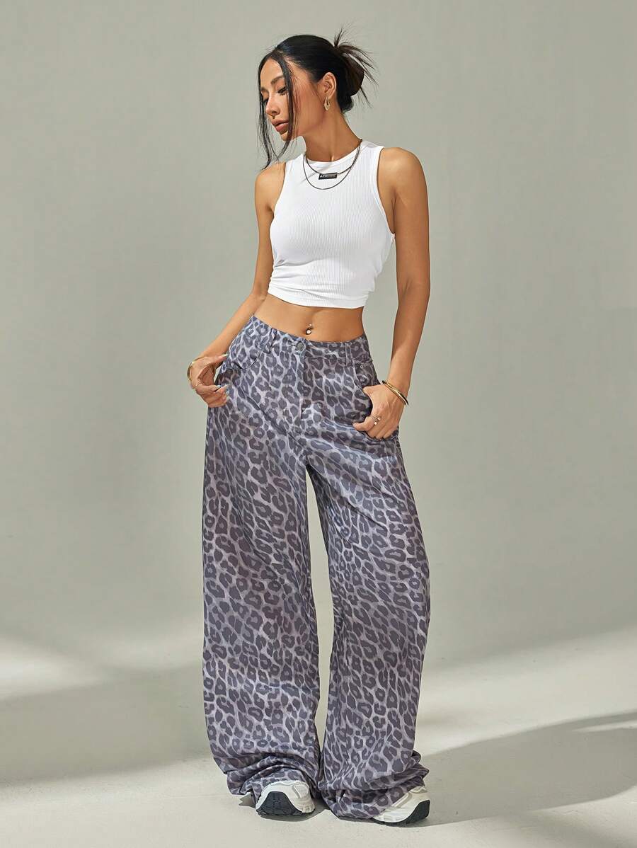 SHEIN Tall Women's Leopard Print Pockets Wide Leg Loose Casual Pants - Brown - View 1