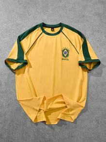 Manfinity Campus Court 1 Áo thun nam tay raglan rộng rãi, có thiết kế áo bóng đá màu vàng với viền màu xanh lá cây và vàng ở cổ tay áo và cổ áo, biểu tượng màu xanh lá cây ở ngực trái và chữ "BRASIL" màu xanh lá cây lớn cùng số "7" màu vàng in ở mặt sau, đa năng cho thể thao, thường ngày, mặc hàng ngày, trở lại trường, quà tặng tuyệt vời cho bạn trai, chồng hoặc các cặp đôi Áo thun nam màu vàng - Màu vàng - Xem 6