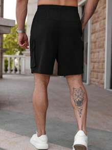 Manfinity Homme Plus Size Men's Solid Color Drawstring Waist Casual Cargo Shorts, Suitable For Spring/Summer