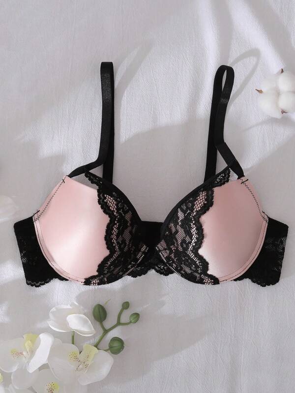 Dream Adore Sutien push-up din satin cu dantelă și model romantic francez, cu armătură, cu culori contrastante pentru femei