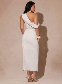 Silquee Elegant Women's Summer Seductive Off-White Linen Midi Dress,Asymmetrical Pleated One Shoulder Party Dress,Linen Pure Beige Vacation Beach Party Wear - Beige - View 2