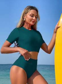 Swim SPRTY Removable Halter Neck Solid Color Tankini Swimsuit Set For Summer Beach Vacation - Teal Blue - View 4