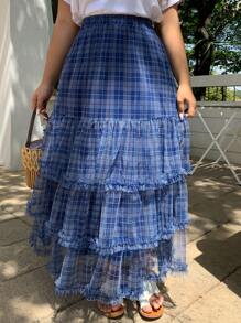 Dazy Plus Elastic Waist Plaid Chiffon A-Line Skirt, Spring/Summer