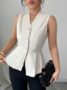 Elenzga Women's Sleeveless Elegant V-Neck Ruched Blouse, Spring/Summer - Apricot - View 6