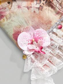 ROMWE Fairycore 女式复古度假风格椰子女孩花卉蕾丝边花卉印花牛仔A字裙 - 彩色 - 查看 3