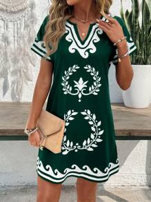 EMERY ROSE Women's Notched Neck All-Over Print Casual Short Sleeve Mini Dress - Green - View 6