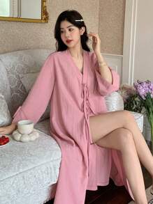 DAZY Women's Loose Tie Closure Bowknot Decor Robe, Loungewear Pajama - Pink - View 5