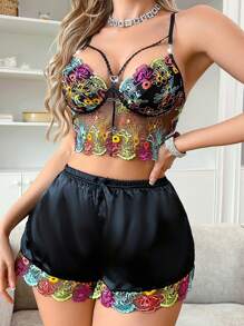 SilkySpell Elegant Vintage Colorful Embroidery Mesh Lingerie Set, Sexy And Sheer - Black - View 3