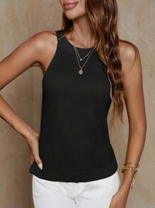 SHEIN LUNE Parte superior de punto sin mangas de unicolor sencillo para mujer, para el verano - Negro - Ver 4