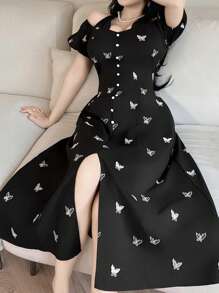 Modelyn 女士优雅蝴蝶印花露肩连衣裙，夏季 - 黑色 - 查看 3