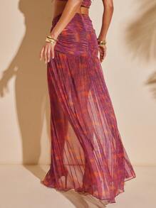 Hauture Printed Shimmer Mesh High Split Maxi Skirt With Knot Detail In The Front - Red Violet - View 5