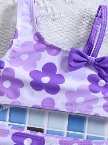 Floral Print Asymmetrical Neckline Baby Girl Bikini, Random Prints - Purple - View 6