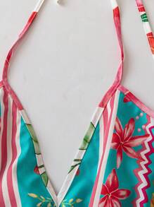 Flirla Plus Size Vintage Floral Printed Romantic Palace Style Dress, Spring/Summer - Red - View 5