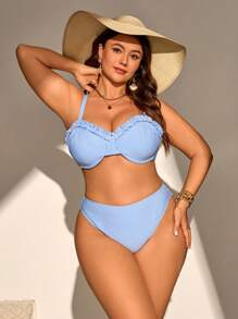 Swim Mod Plus Size Solid Color Spaghetti Strap Swimsuit & Triangle Swim Bottoms Set For Summer Beach Vacation - Blue and White - View 3