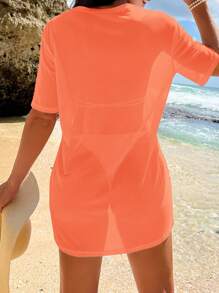 Swim Vcay Women's Solid Color Crew Neck Short Sleeve Cover Up Dress, For Vacation For Summer - Burnt Orange - View 2