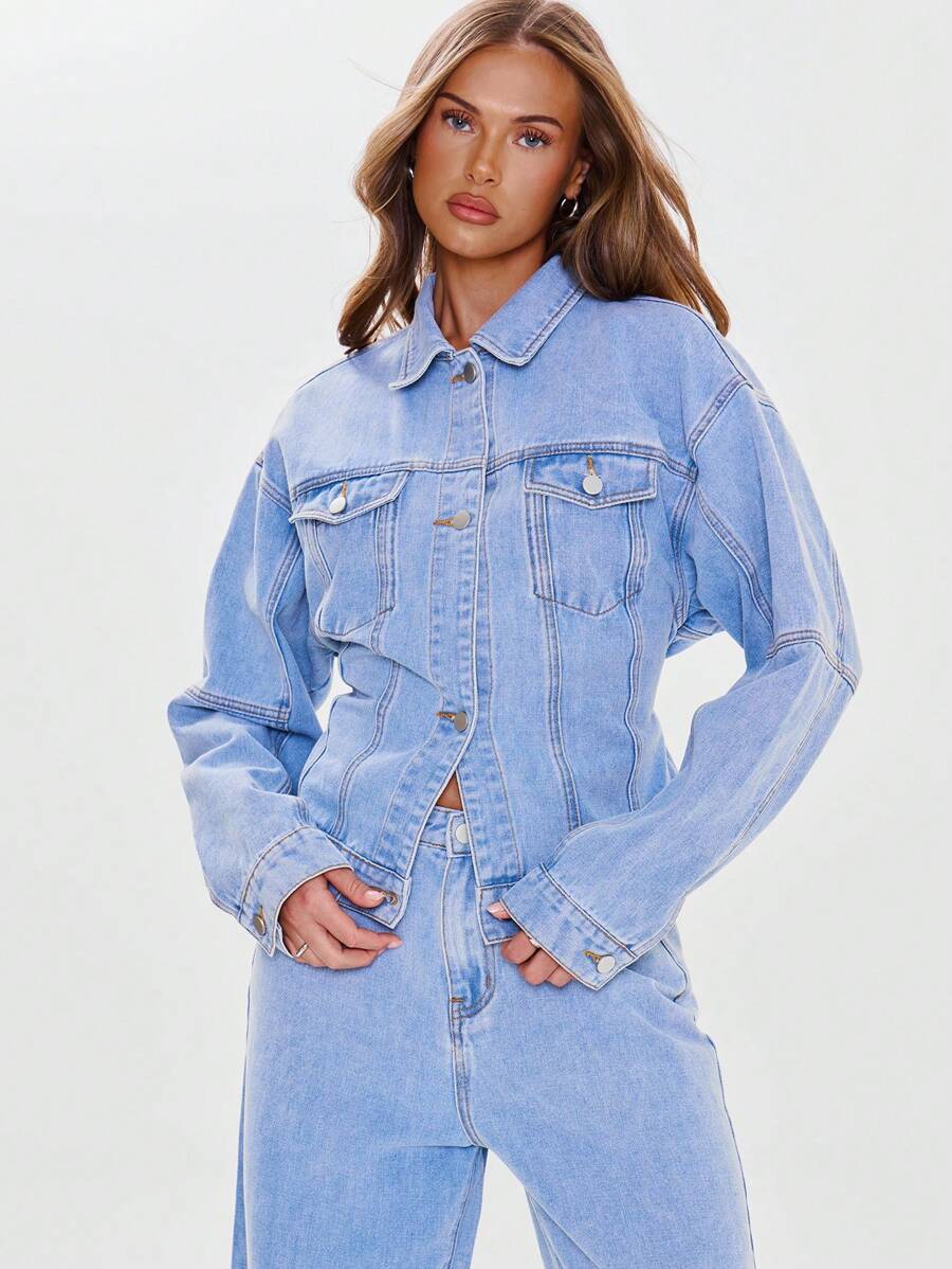 MUSERA Contrast Stitch Balloon Sleeve Denim Jacket Only Spring Street Style Y2k 90's Western Concert Evening Party Elegant - Blue - View 1