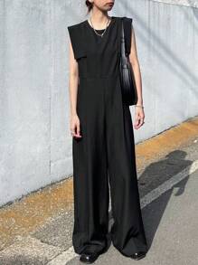 FRIFUL Women's Solid Color Pleated Wide Leg Jumpsuit, Casual Wear For Festivals, Concerts