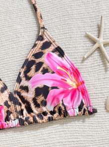 SHEIN 青少年女童豹纹和百合花三件套连体泳衣，时尚休闲优雅泳装，适合游泳、度假、青少年夏季泳衣，顶级女士泳衣套装夏季泳衣 1 件套，适合青少年女童沙滩套装女士泳衣 - 彩色 - 查看 3