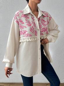 EURMUSE 100%Cotton Open Placket Blouse With Tassels And Tribe Print - Pink - View 5