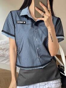 DAZY 2pcs/Set Women Summer Casual POLO Shirt & Checkered See-Through Mesh Splicing Suit Plaid - Blue - View 2