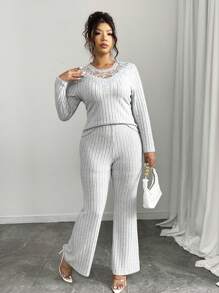 Calvaya Casual Knit Ribbed Contrast Trim V-Neck Wide Leg Jumpsuit For Plus Size Fall Cloth For Women - Grey - View 1