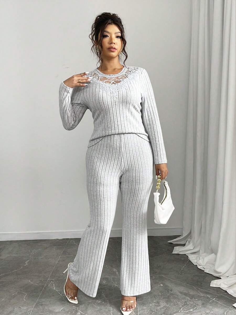 Calvaya Casual Knit Ribbed Contrast Trim V-Neck Wide Leg Jumpsuit For Plus Size Fall Cloth For Women - Grey - View 1