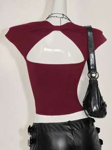 SHEIN ICON Sexy Cropped Scoop Neck Backless Basic Casual Functional (Moisture Wicking) Black T-Shirt - Burgundy - View 2