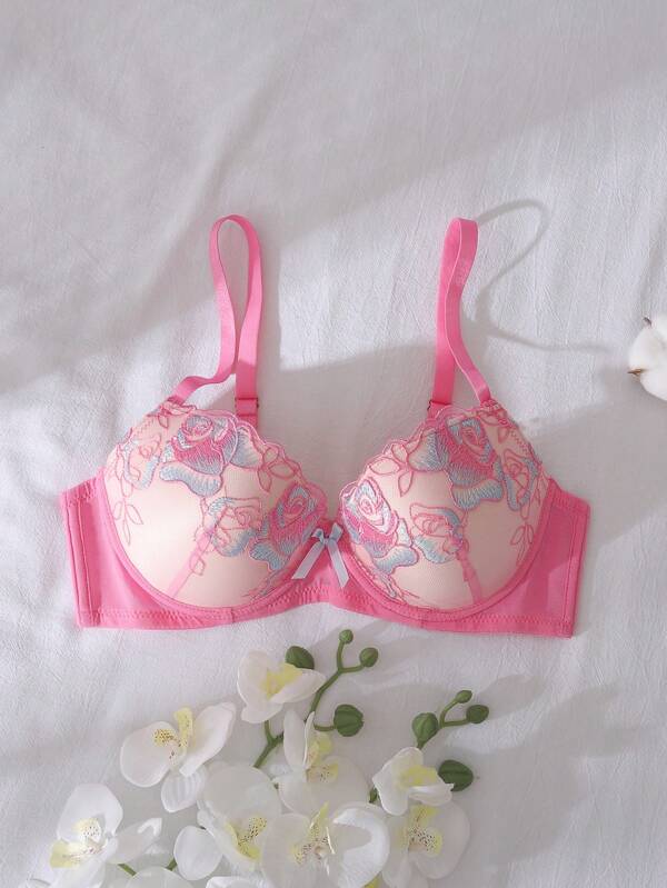 DelicateAllure 3/4 Cup Wire-Supported Floral Embroidery Bra With Lift And Enhance Effects, Romantic Style, For Women