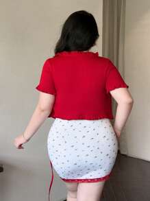 Flirla Plus Size Elegant Solid Color Tied Blouse And Mini Ditsy Floral Dress Two Pieces Set, Summer - Red - View 3