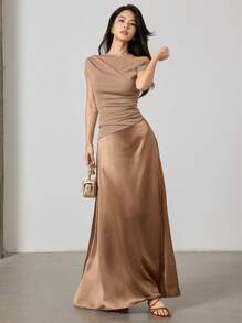 Heiryn Váy chắp vá màu trơn thanh lịch cho nữ - Màu Khaki - Xem 6