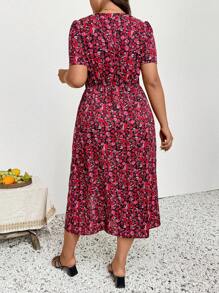 SHEIN Frenchy Rochie plus size cu imprimeu floral și mânecă scurtă, cu șnur și talie înaltă, rochie midi casual pentru zi cu zi, naveta, ieșiri și petreceri