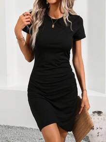 SHEIN Tall CURVE Plus Size Summer Simple Solid Color Round Neck Short Sleeve Pleated Midi Dress,Sun Dresses For Women - Black - View 7