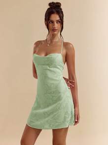SHEIN BAE Spring And Summer Solid Color Pink Tight-Fitting Swing Collar Open Back Strap Texture Jacquard A-Line Ultra-Short Mini Dress For Women - Mint Green - View 6