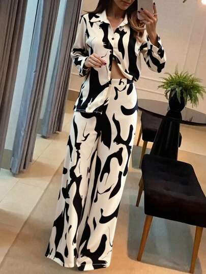 EMERY ROSE Damset med två delar, franskt, elegant och avslappnad, pendling, tillbaka till skolan, svartvitt, geometriskt blommönster och långärmat