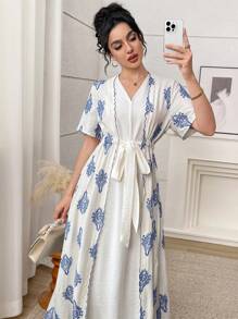 Al Najma 女士优雅复古全印花阿拉伯风格连衣裙 - 彩色 - 查看 3