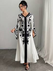 Yasmyna Abito elegante da donna con stampa floreale, maniche a campana con laccetti incrociati sui lati, abito caftan estivo modesto