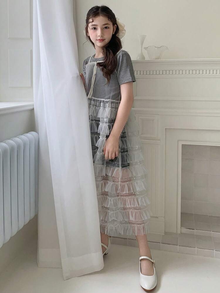 2pcs/Set Tween Girls Solid Color Crew Neck Short Sleeve T-Shirt & Multi-Layer Tulle Ruffle Strap Dress, Summer Outfit,Back To School Clothes