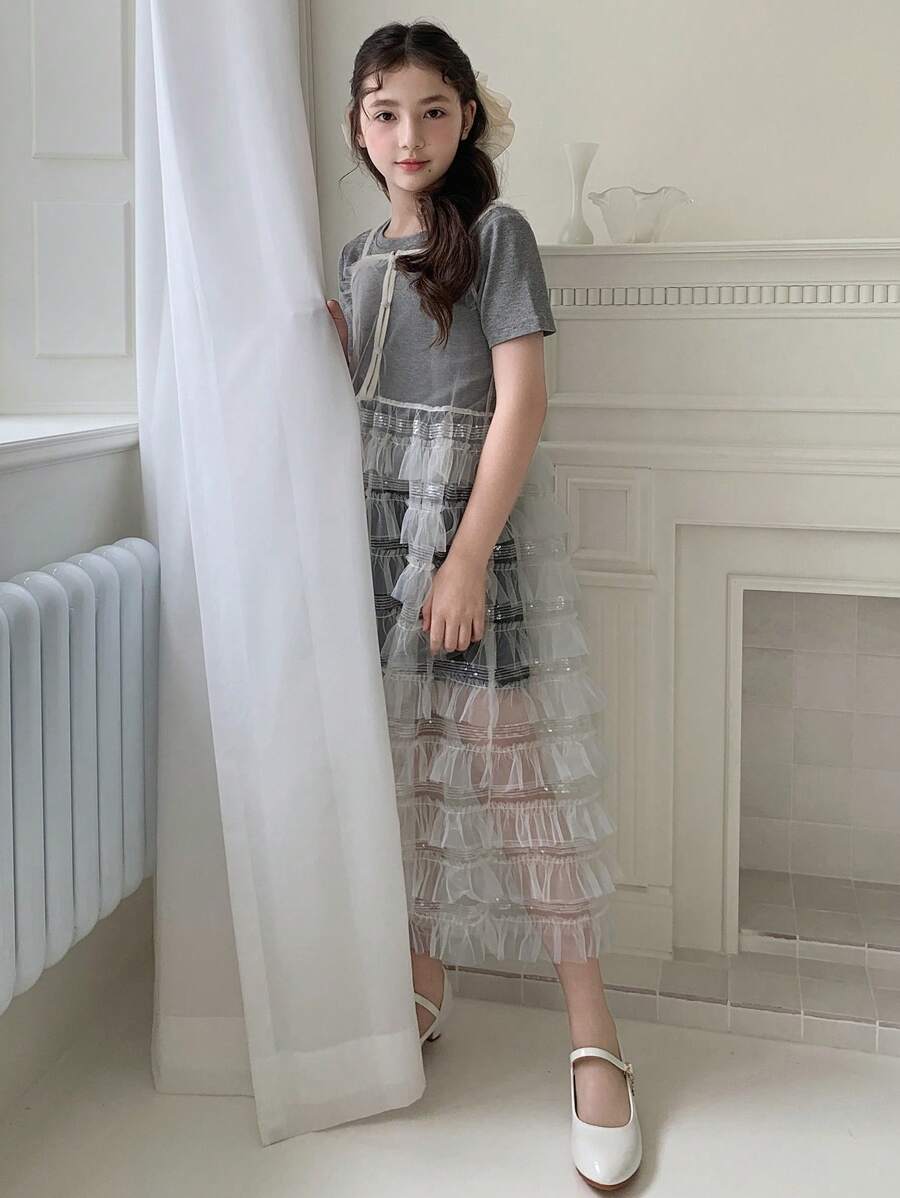 DAZY 2pcs/Set Tween Girls Solid Color Crew Neck Short Sleeve T-Shirt & Multi-Layer Tulle Ruffle Strap Dress, Summer Outfit,Back To School Clothes - Grey - View 1
