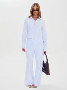 MUSERA Tailored Mid Rise Pinstripe Straight Leg Trousers Elegant Professional Business Casual Vacation Fall Winter Autumn Work Office Old Money Date Night Going Out Back To School Wedding Guest Suit Cute Everyday Capsule Wardrobe Spring Holiday - Baby Blue - View 1