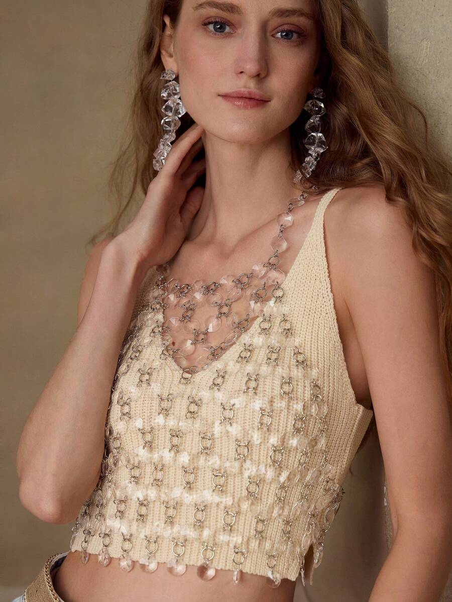 MOTF PREMIUM SHEER RING CHAIN DETAIL COVER UP TOP - Khaki - View 1