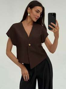 Aloruh 女式不对称下摆纽扣短袖休闲衬衫，夏季 - 棕色 - 查看 5