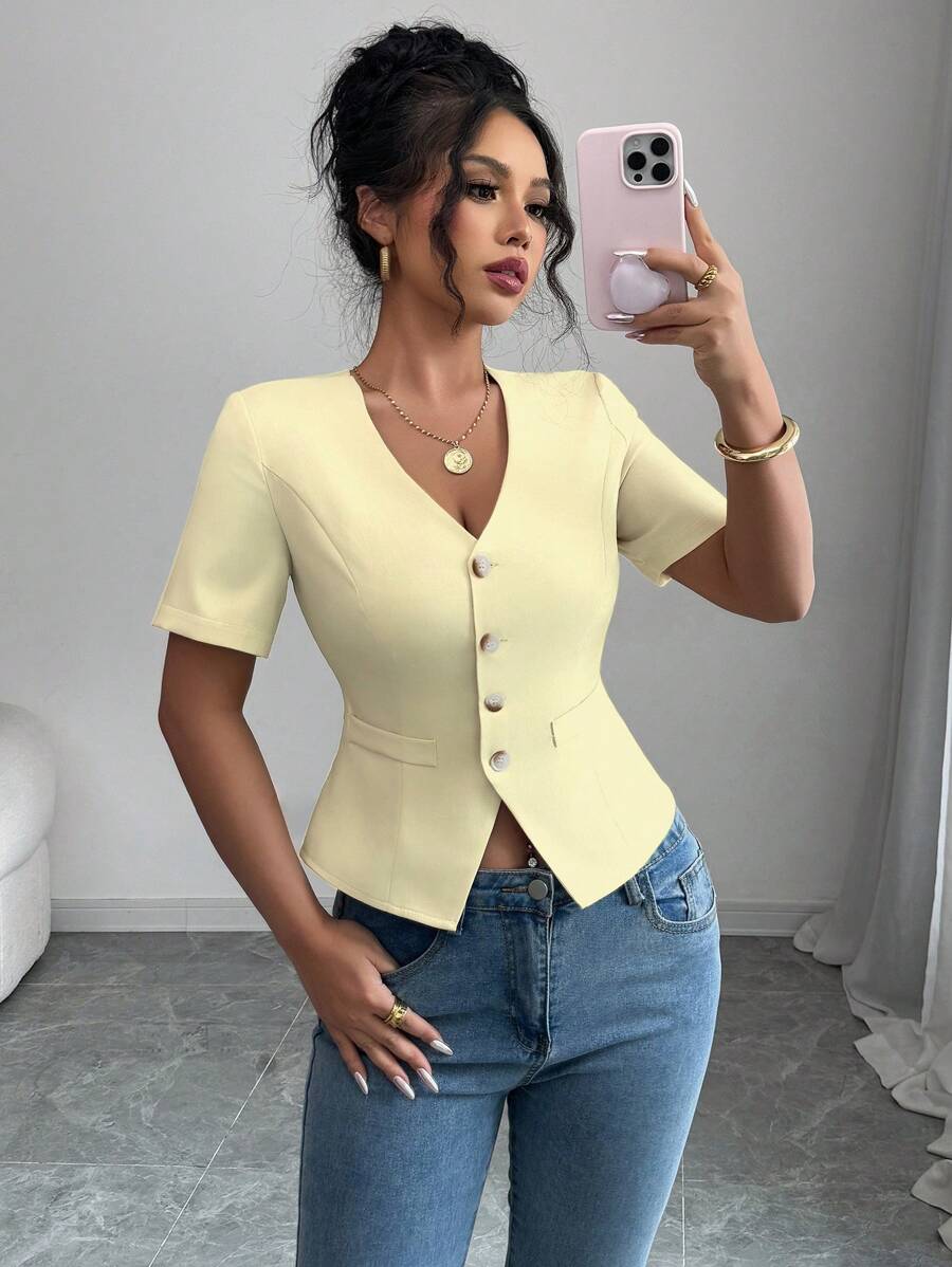 Elenzga 纯色V领修身单排扣仿口袋优雅女式衬衫