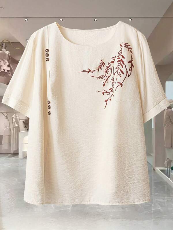 Linhara 加大码短袖圆领时尚衬衫，适合夏季