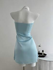 SHEIN Unity Mature Graceful Solid Color Silk-Like Satin Fitted Pleated Bandeau Women Dress - Blue - View 2