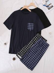 Conjunto de pijama de verano para hombres con parte superior de manga corta y pantalones cortos de estampado a cuadros cómodos