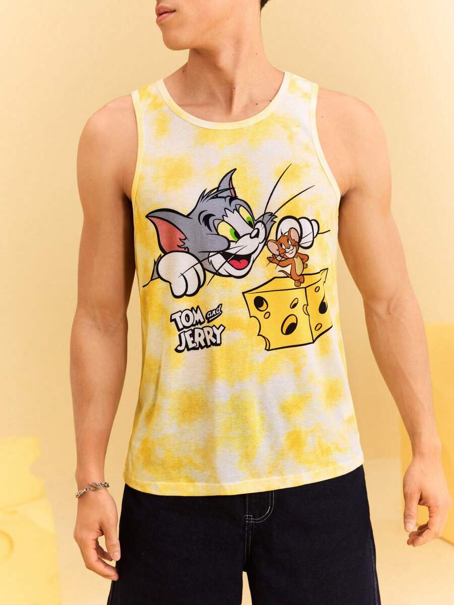 TOM & JERRY X SHEIN Men's Cartoon & Cheese Print Summer Sleeveless Tank Top